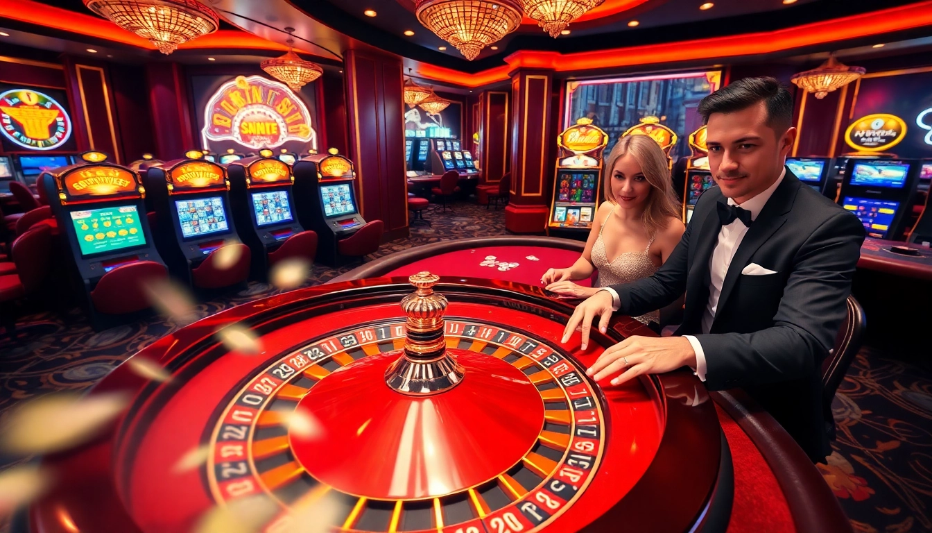 A dynamic scene of high-stakes gambling at betbdt.art, featuring players at a blackjack table and a roulette wheel, illustrating the excitement of the casino.