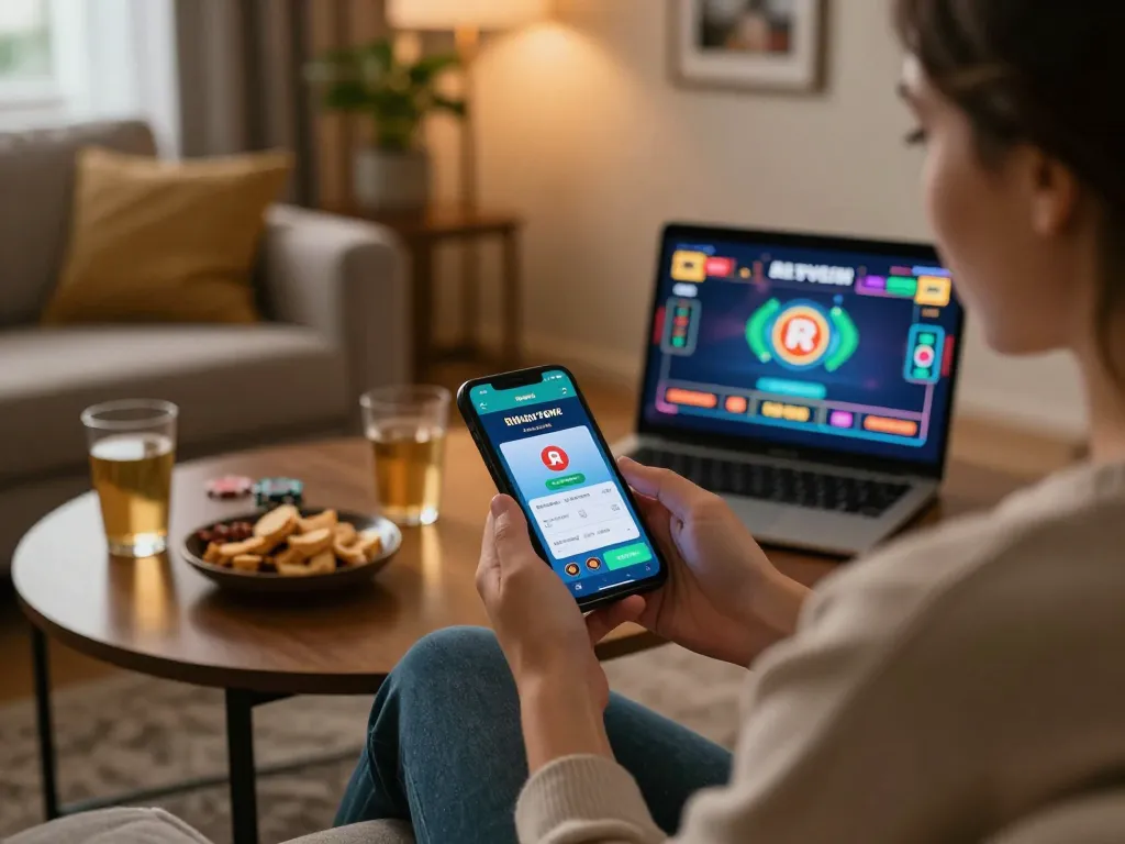 Playing Rikvip on a smartphone while relaxing on the sofa in a cozy home setting