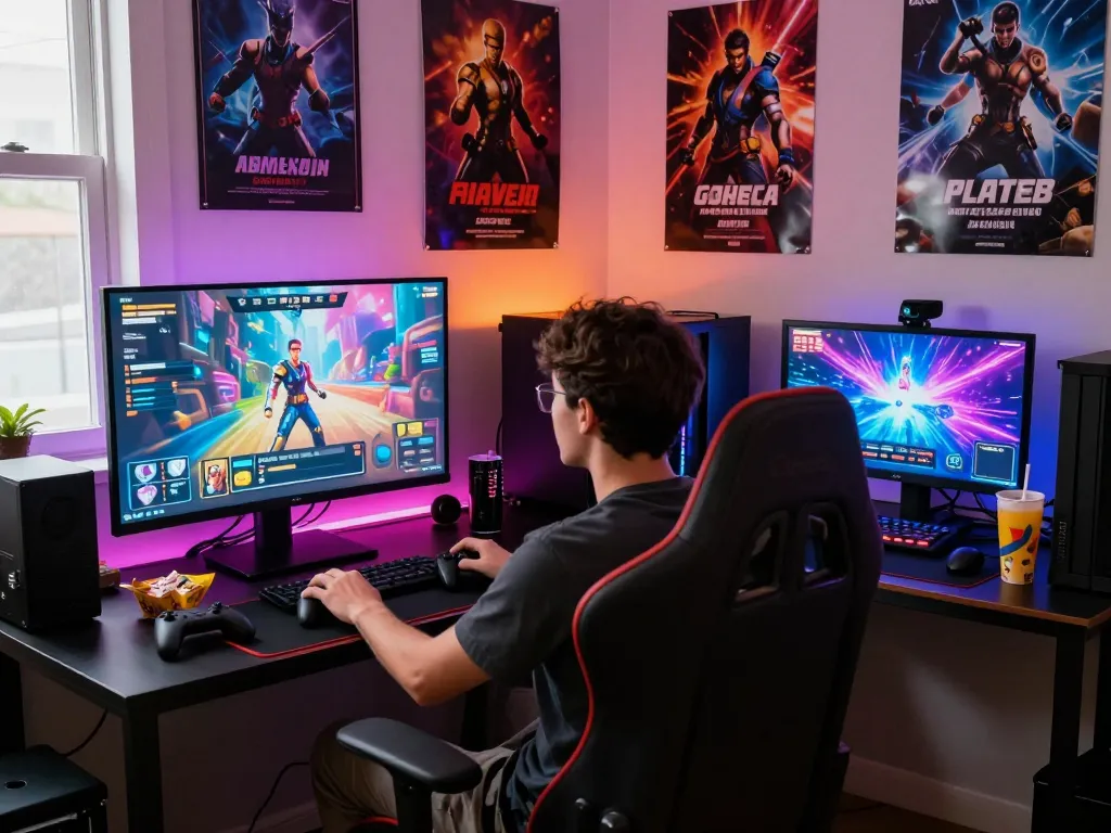 Engaged player enjoying porngame experience in vibrant gaming room.
