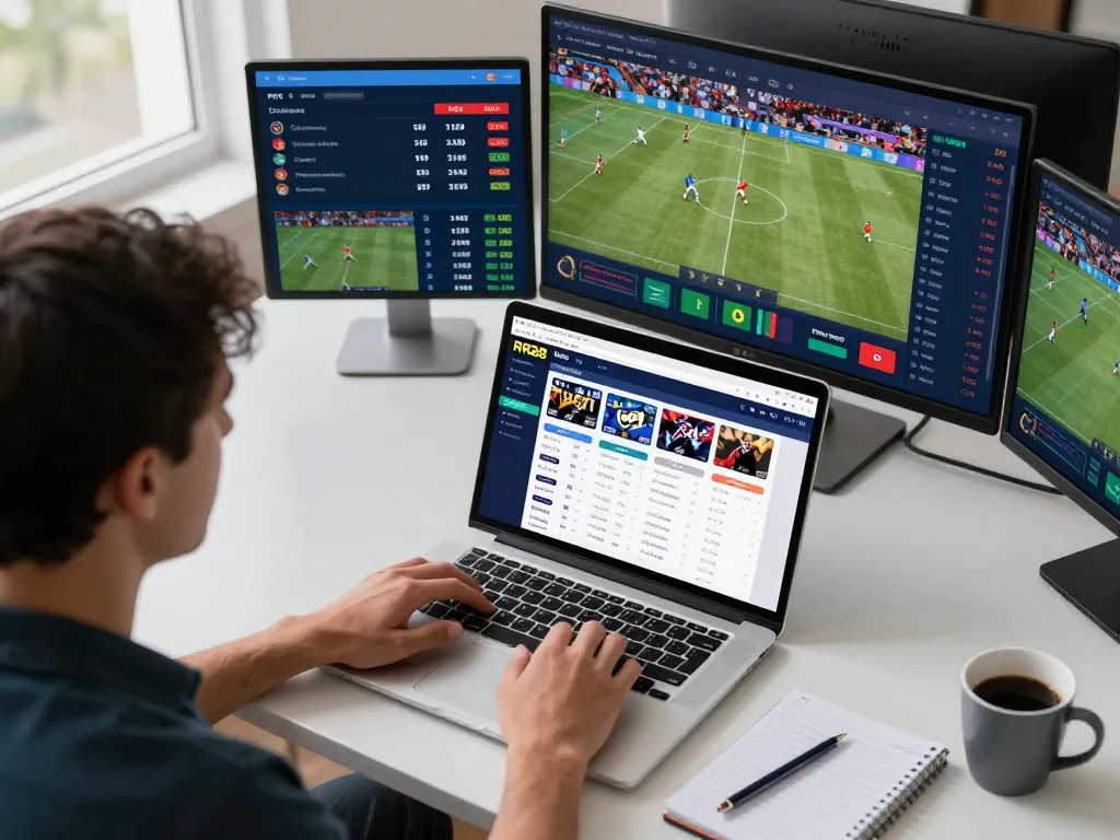 Engaging online sports betting with RR88 NAVY platform on a laptop, showcasing multiple sports events.