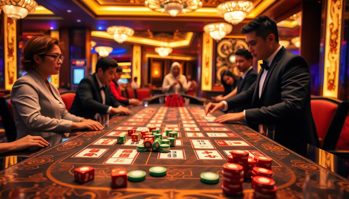 Exciting game tài xỉu experience with colorful dice and professional croupier in a luxurious casino setting.
