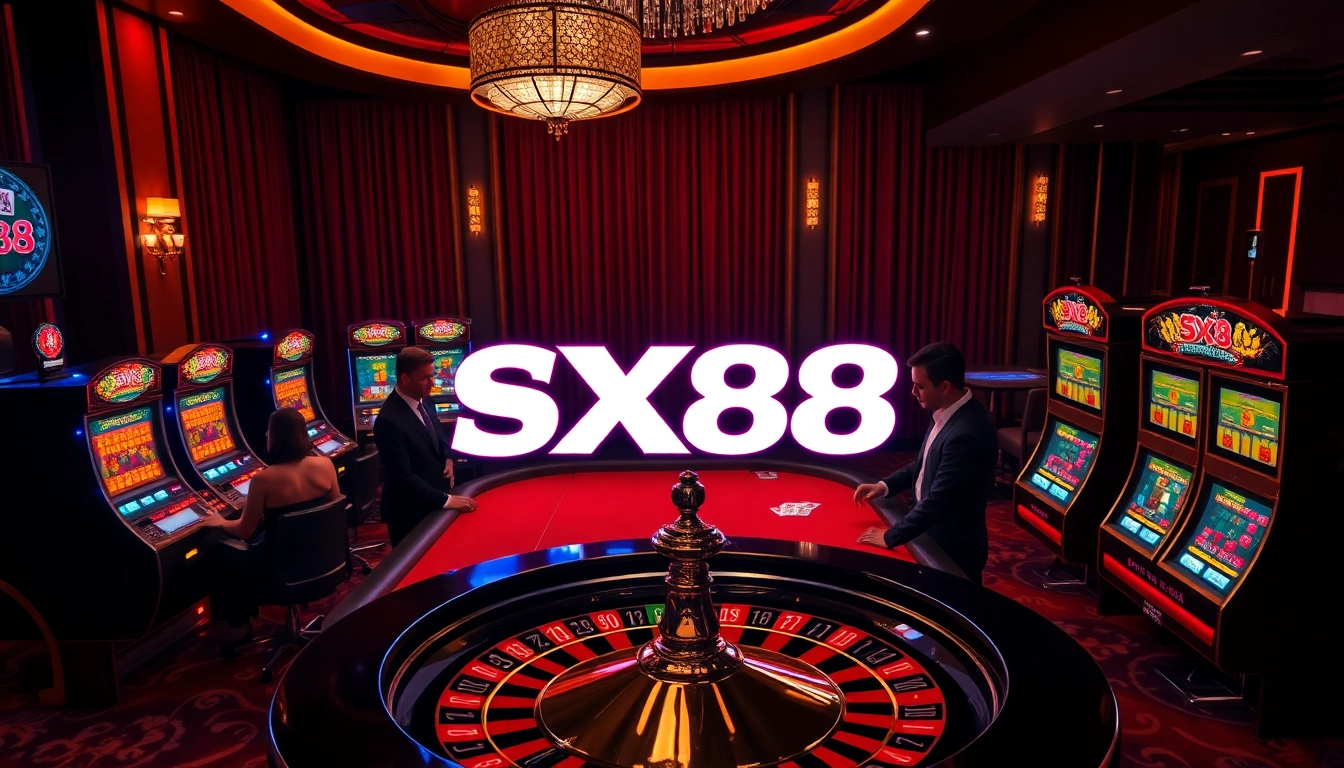 Action-packed gambling scene at SX88 casino with roulette wheel and players engaged at tables.