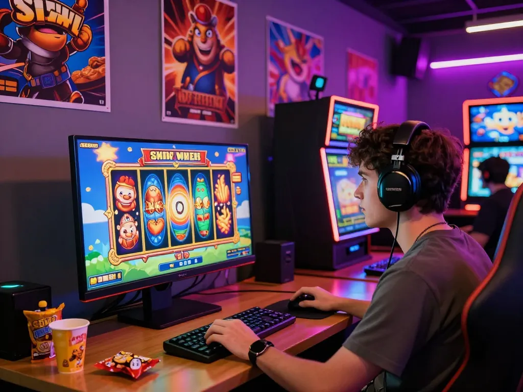 Lingkungan permainan yang menarik menampilkan seorang pemain yang terlibat dalam permainan situs slot online dengan grafik yang cerah dan pencahayaan neon.