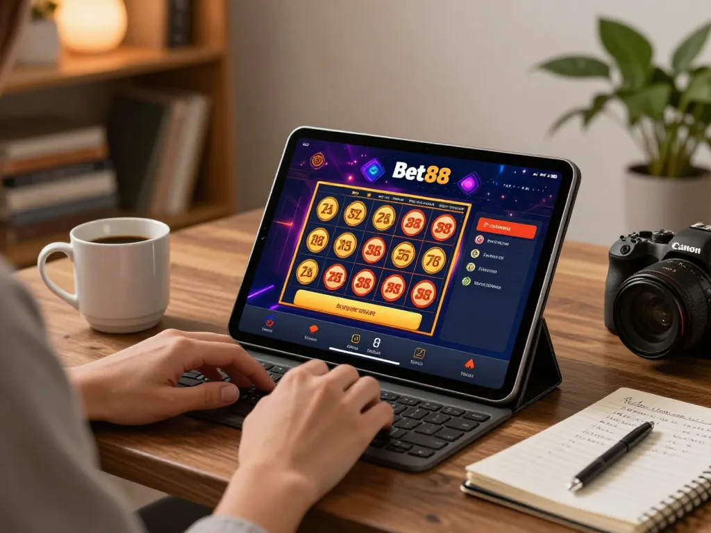 Engaging with Bet88 on a tablet in a cozy living room, showcasing online gambling options.