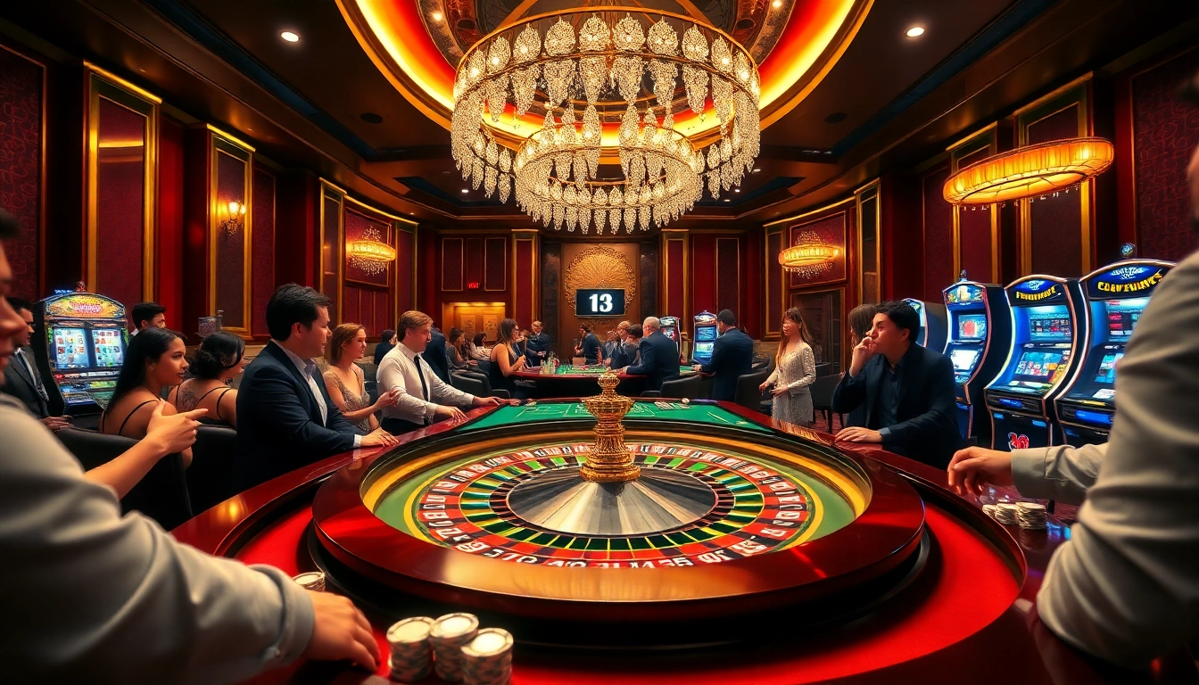Players enjoying high-stakes games at the vibrant 13win casino, surrounded by luxurious decor.