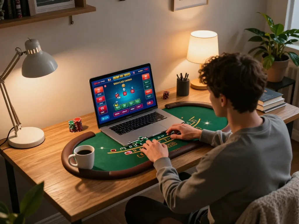 Engaging moment of FC88 online blackjack gameplay at home, user focused, strategic betting.