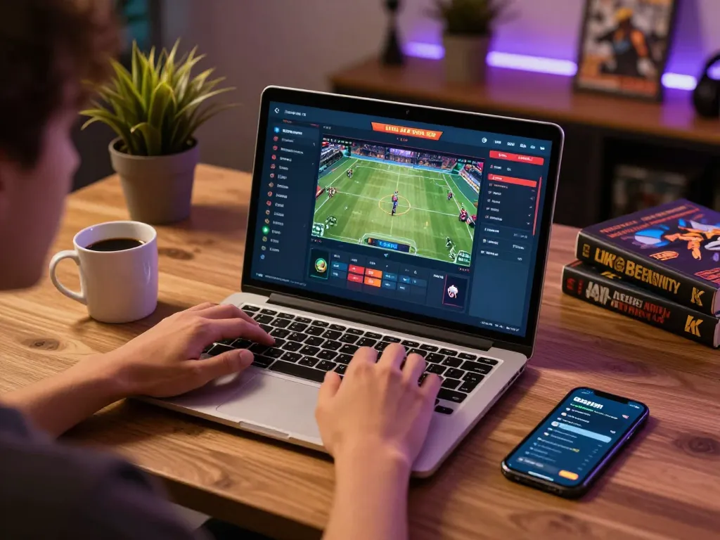 A player wagering on au88 using a laptop and smartphone in a cozy home environment, highlighting online betting strategies.