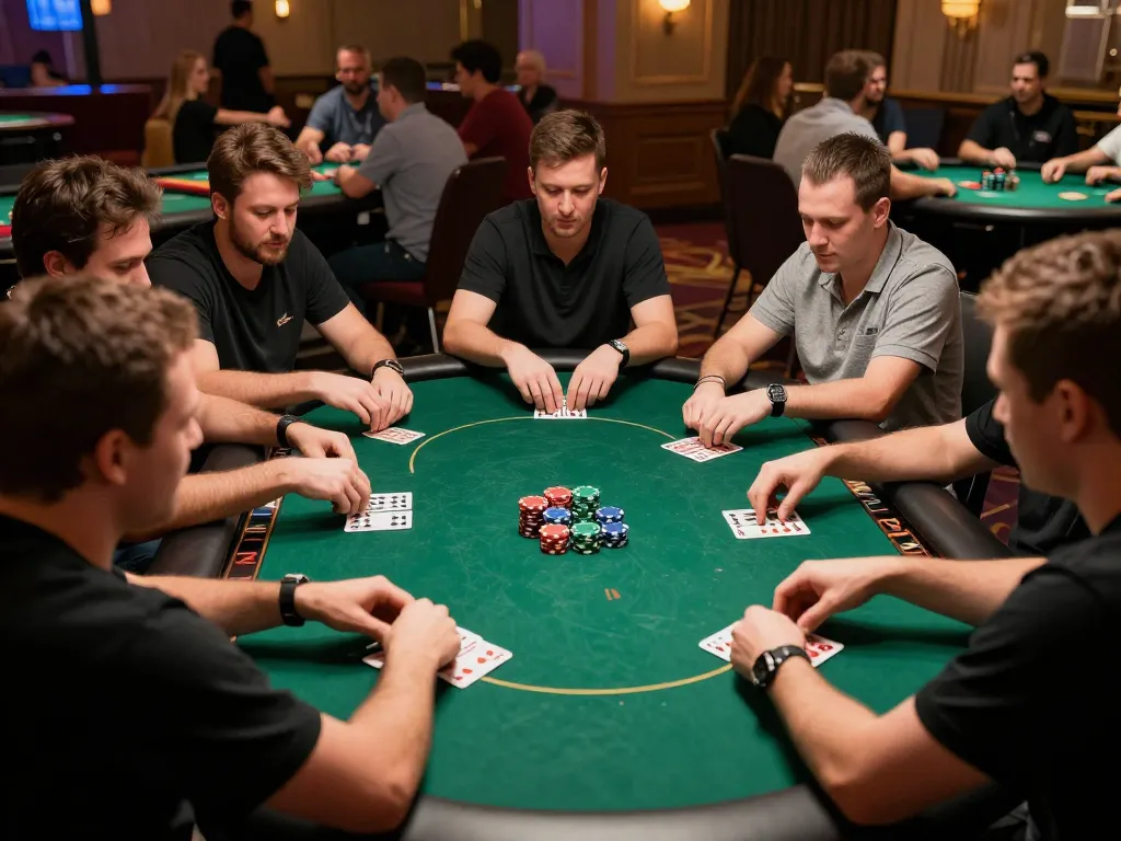 W69 poker tournament view with engaged players at a green felt table, competitive atmosphere.
