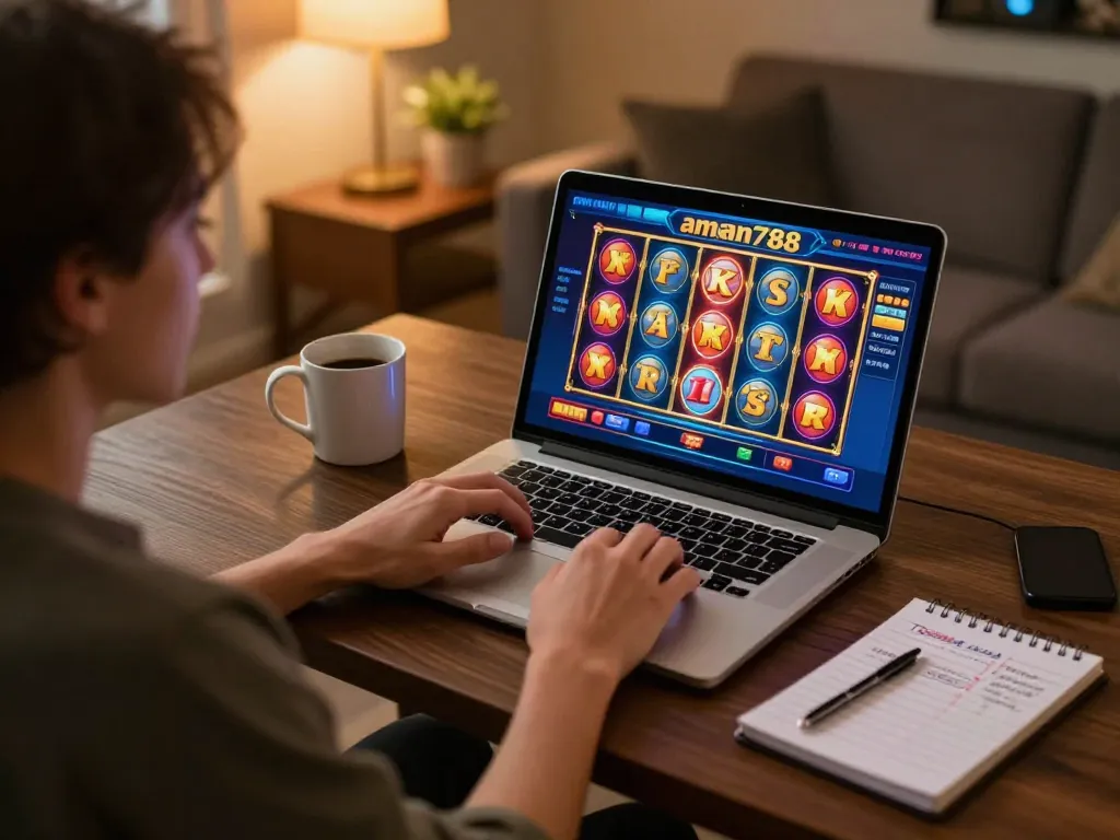 Player enjoying aman788 slot games on a cozy laptop setup, creating a dynamic online casino atmosphere.