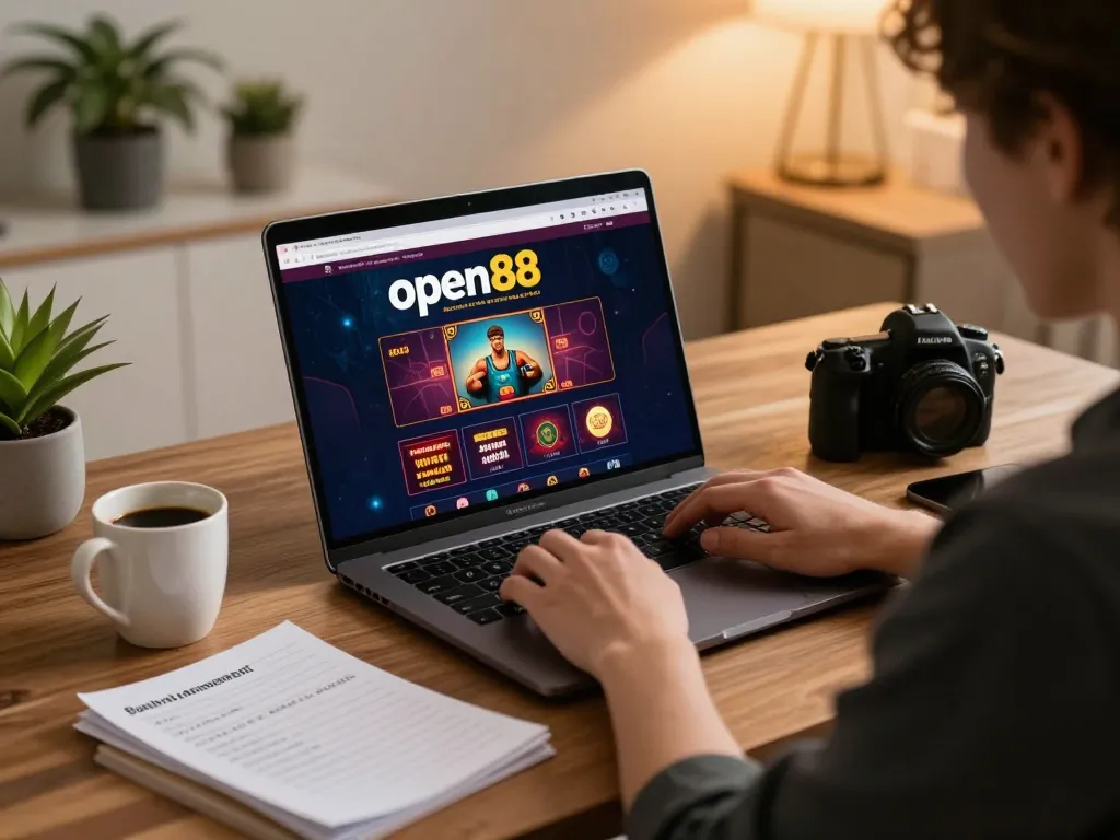 Engaging online casino session with open88 interface on laptop, highlighting strategic gameplay.