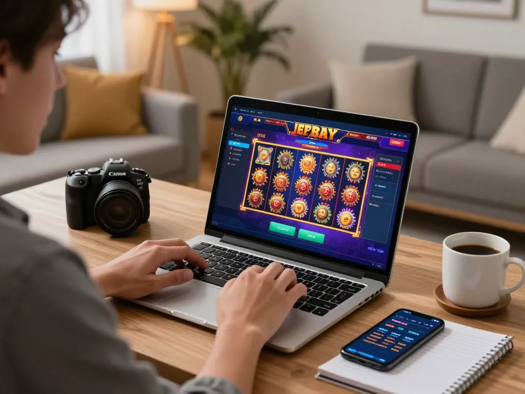 ATQ player engaging in an online casino game at home, laptop screen displaying vibrant slots interface, showcasing responsible gaming.