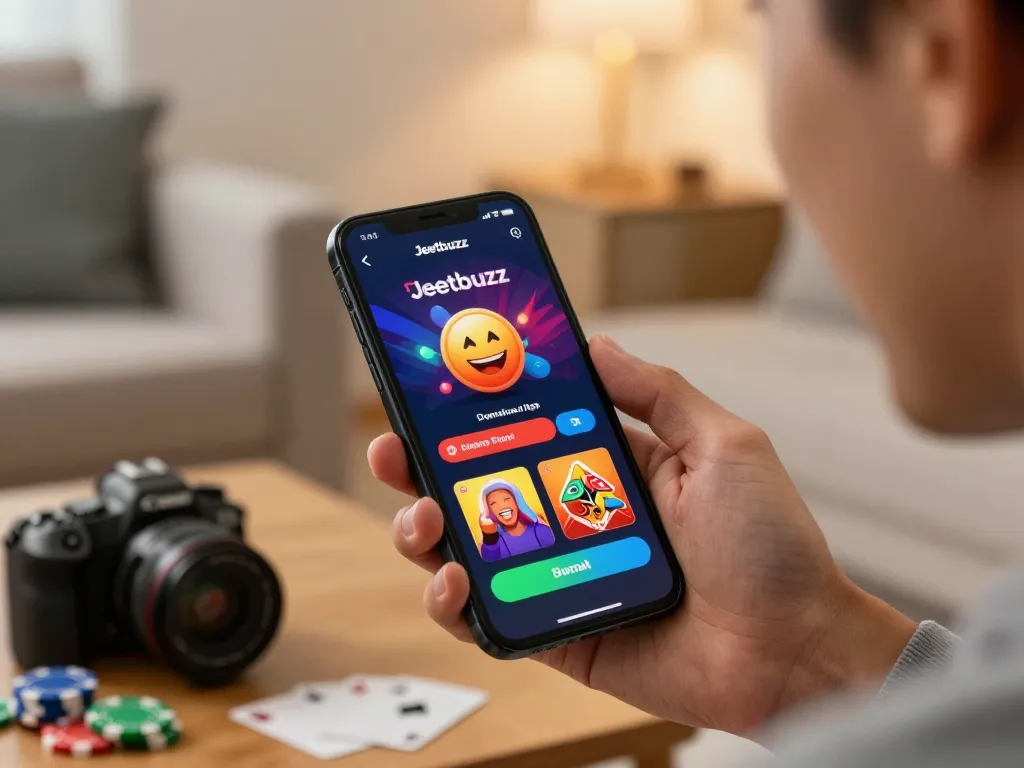 Engage with Jeetbuzz Download App for seamless mobile gaming experience in vibrant home setting.