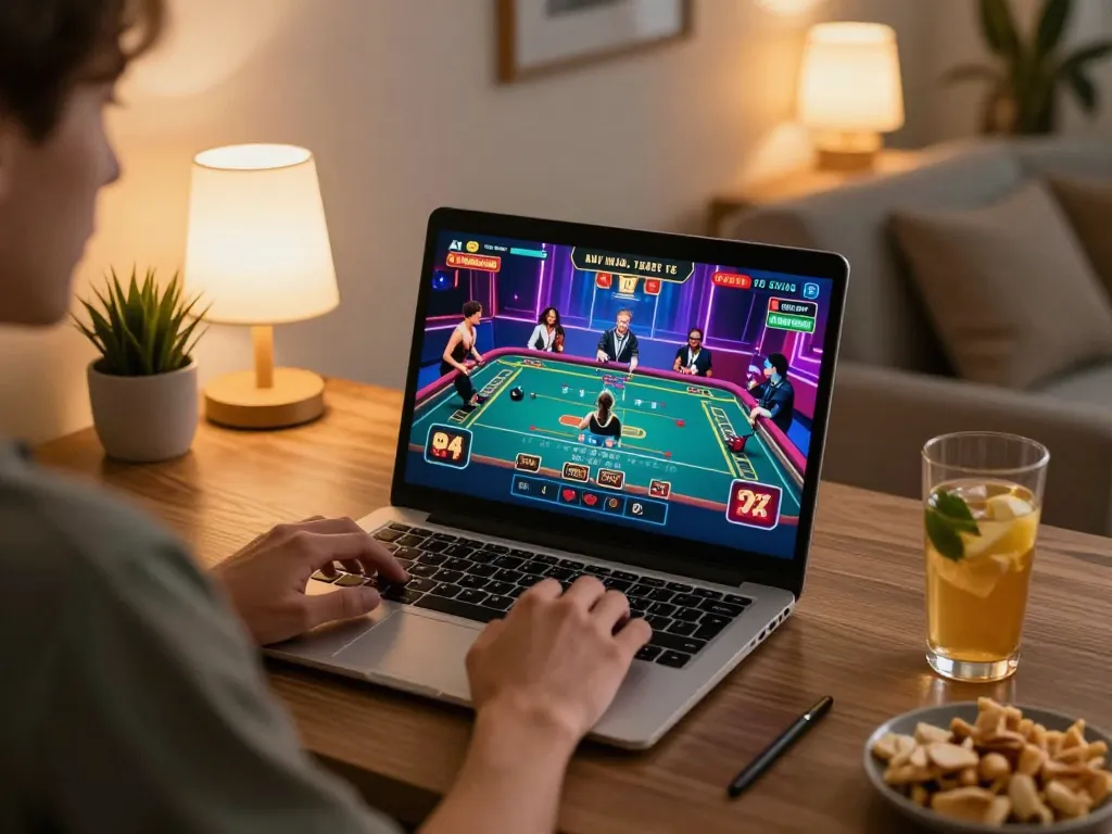 Engaging with 789win live dealer games on a laptop at home, showcasing a strategic gaming setup.
