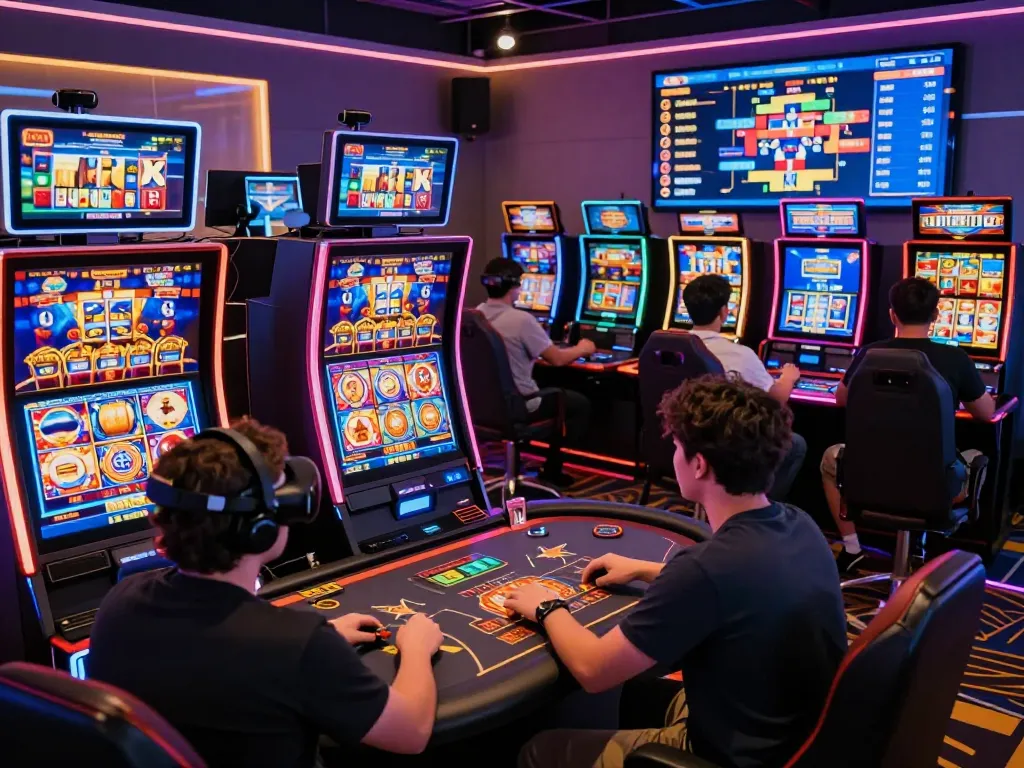 Exciting gaming scene at nk88 showcasing players on vibrant slot machines and card tables in a digital casino.