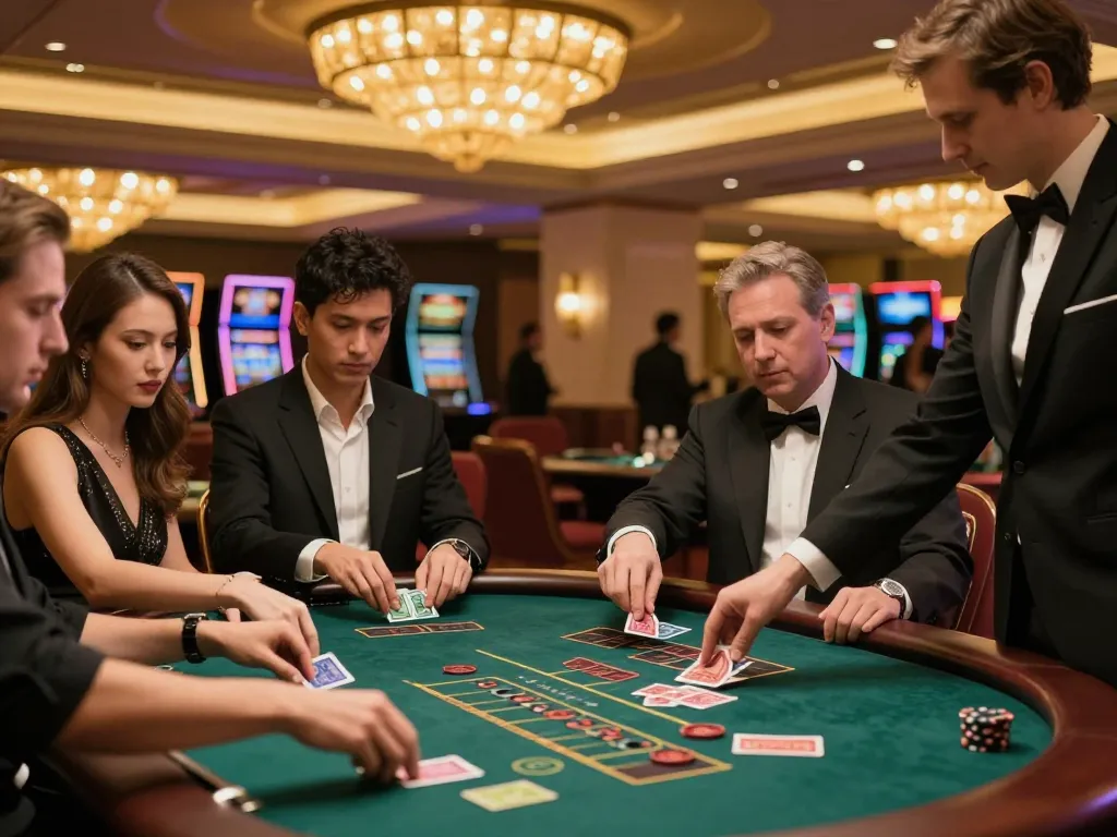 Players strategizing at a blackjack table in the luxurious casino atmosphere of 100VIP.