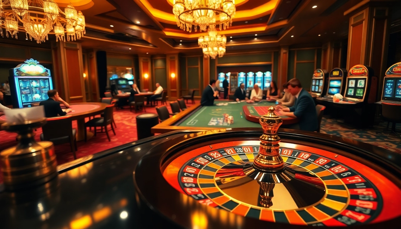 A thrilling casino scene featuring excited players at go88 tables with a spinning roulette wheel and colorful betting chips.