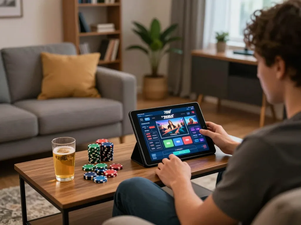 Engaging in a thrilling 789f online casino game on a tablet in a cozy home environment.