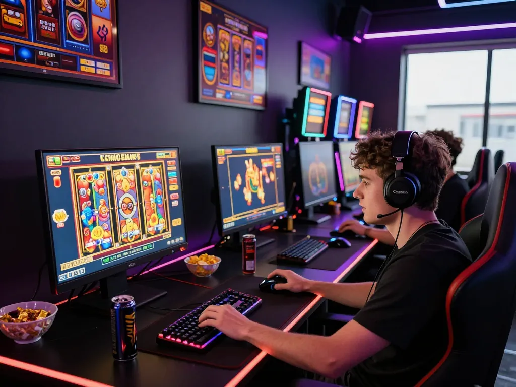 Player engaging in slot gacor hari ini gameplay at a modern gaming desk, showing vibrant graphics and accessories.