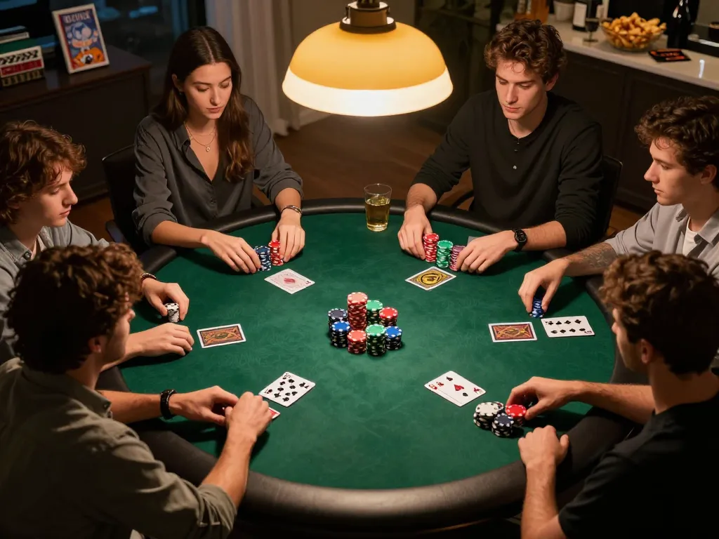 KJC friends enjoying a competitive poker night with colorful chips and community cards illuminated by warm lighting