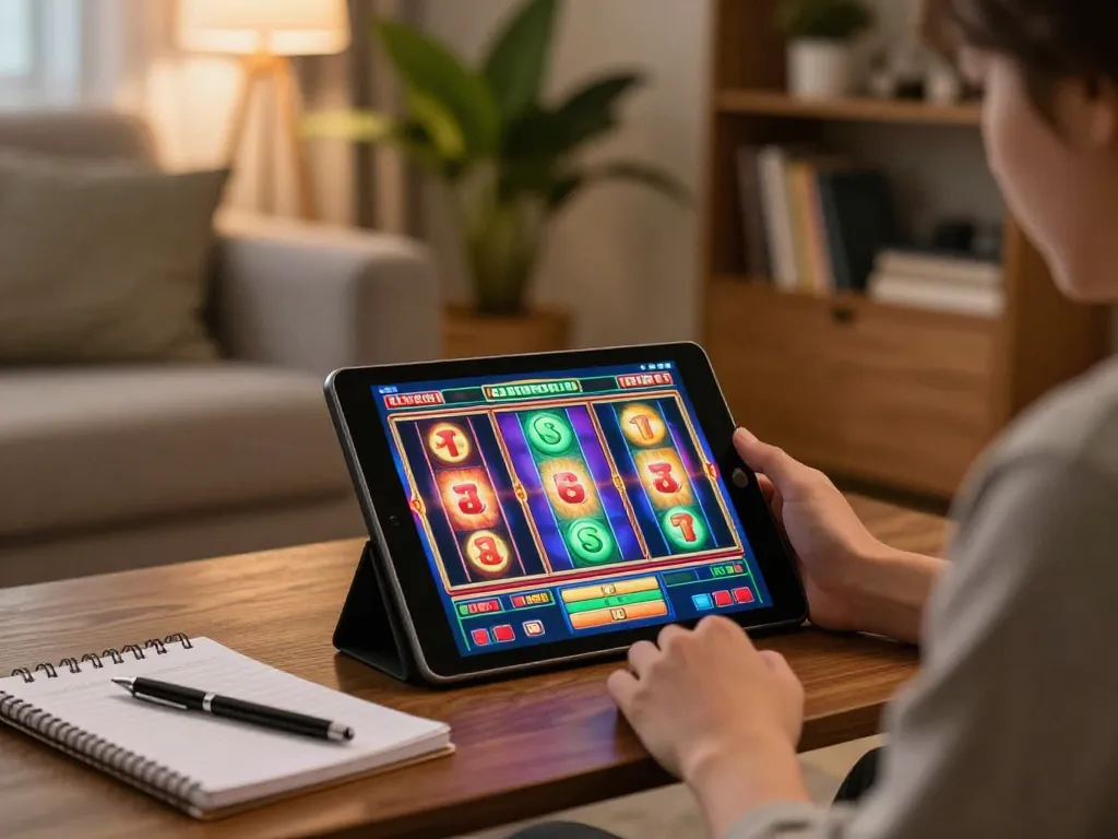 Pemain yang menikmati slot online aman788 di tablet dalam suasana rumah yang nyaman, menekankan permainan yang bertanggung jawab.