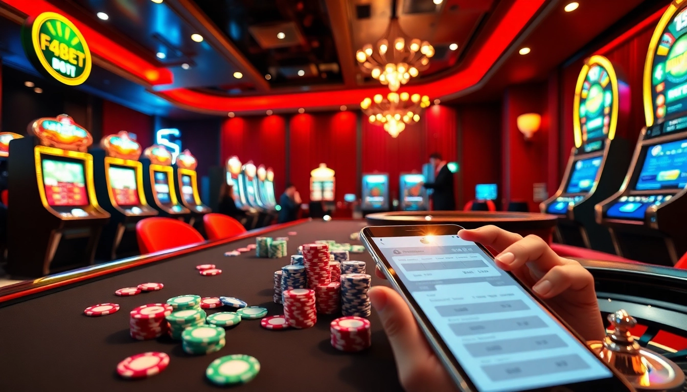 Experience the excitement of F8BET with a vibrant casino setting featuring poker tables, slot machines, and digital betting slips.