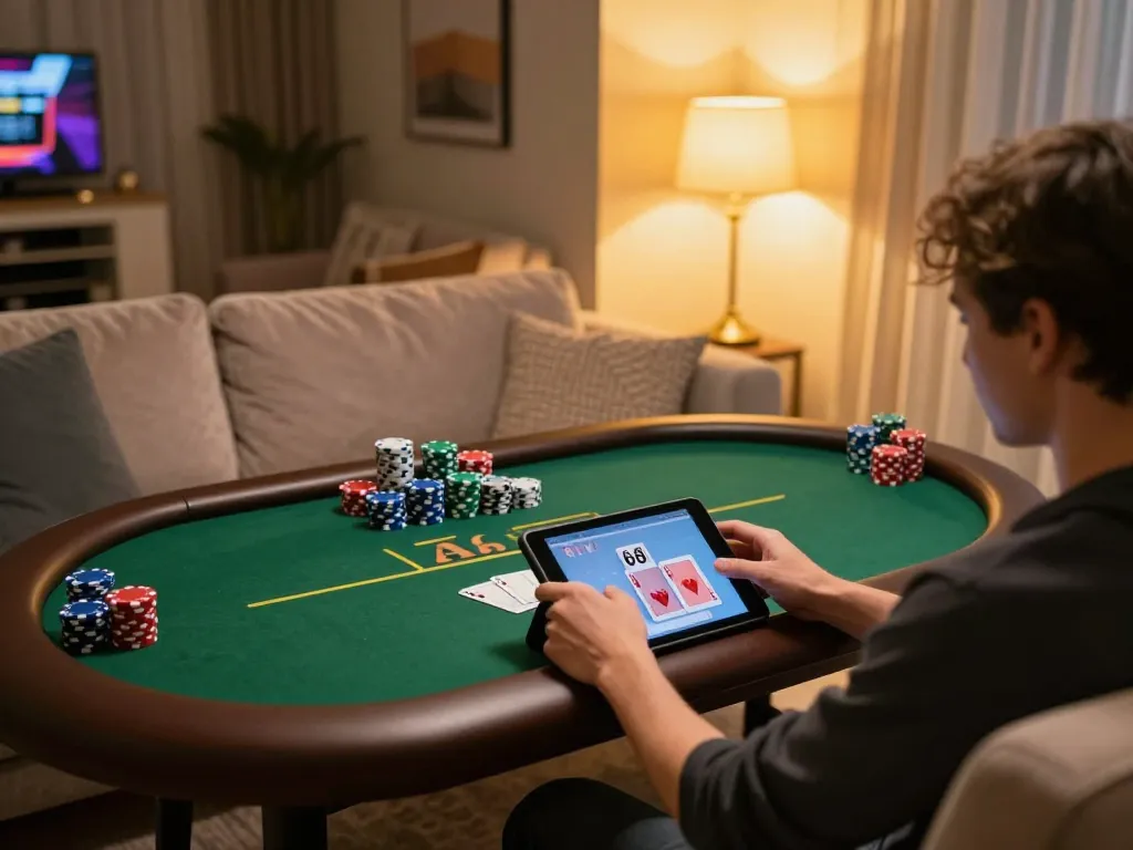 Engaging in a high-stakes poker game on 68win tablet in a cozy home setting, showcasing strategic gameplay