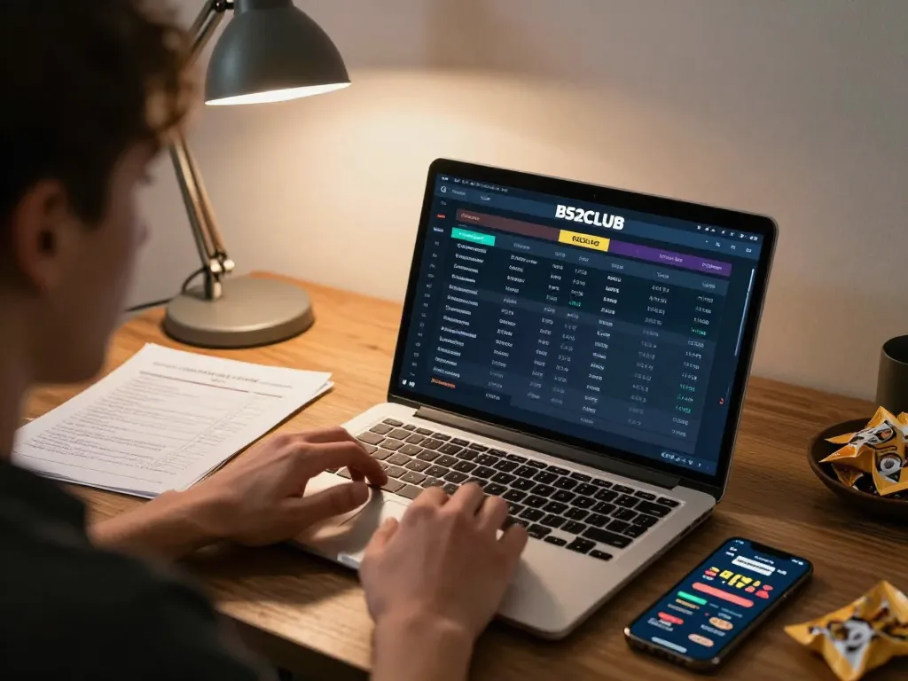 B52CLUB player engaged in online gambling strategy with laptop and smartphone in a cozy home setting.