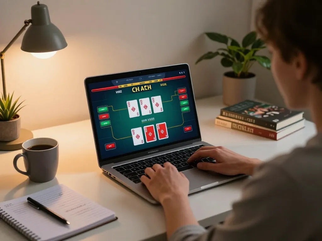 Engaged player enjoying poker on 789F online casino platform from a cozy modern desk.