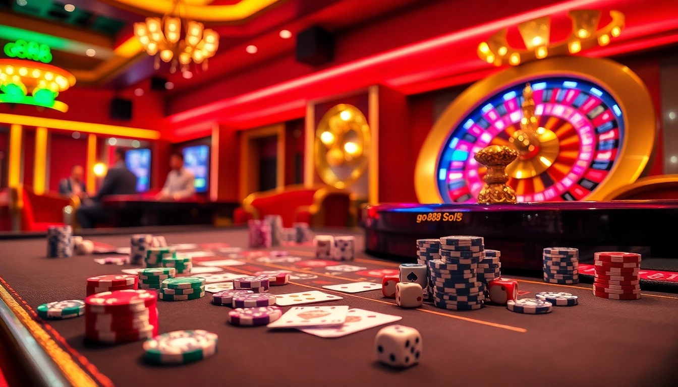 Experience the excitement of go88 with vibrant casino gaming visuals featuring poker chips and roulette wheels.