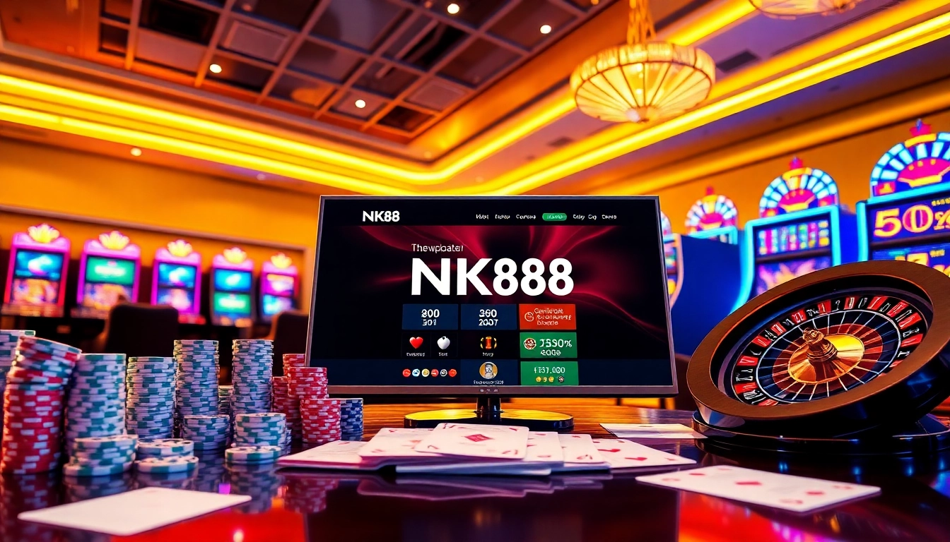 Engaging casino scene highlighting strategic betting on trang chủ NK88 with poker chips and roulette wheel