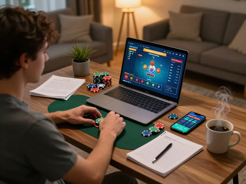 Person engaged in online poker gaming, utilizing MM88 platform for strategic betting.