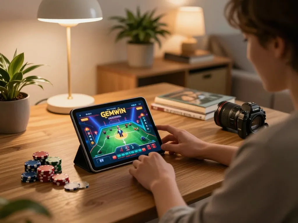 Engaging in GEMWIN online poker gaming with vibrant graphics on tablet in a cozy home setting.