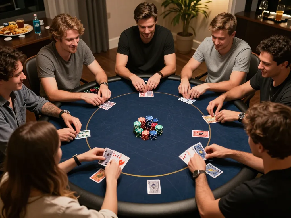Players enjoying a strategic game of poker at home as they relax and connect, featuring F168 ambiance.