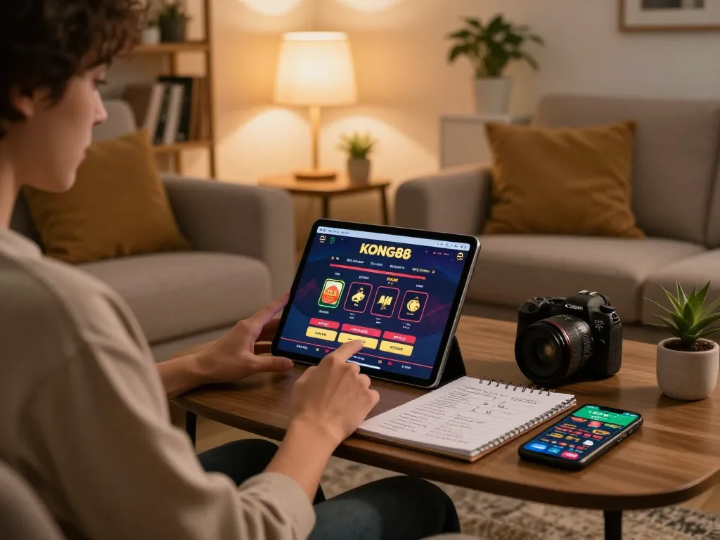 KONG88 user strategizing online bets on a tablet in a cozy home environment.