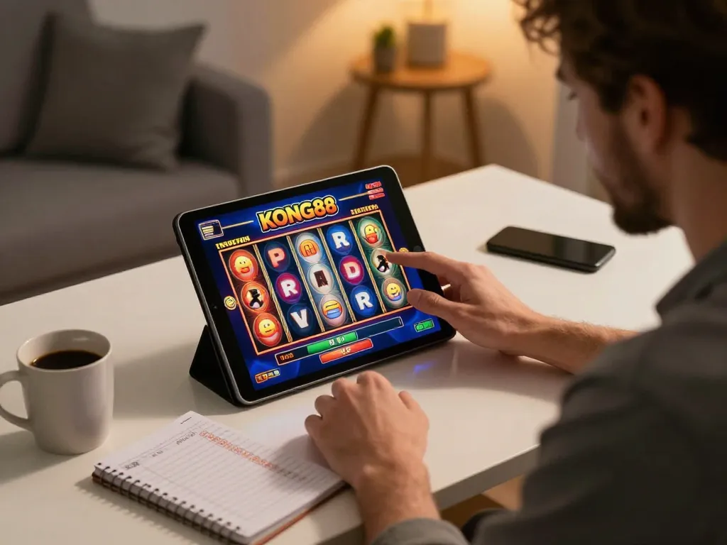 KONG88 player enjoying online slots on a tablet in a cozy home, reflecting responsible gaming.