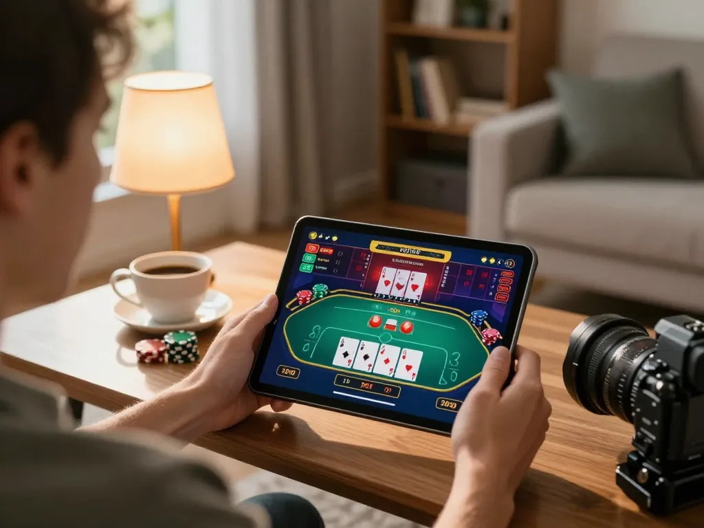 F8BET player enjoying a live casino game on a tablet in a cozy setting, capturing dynamic online gaming experience.