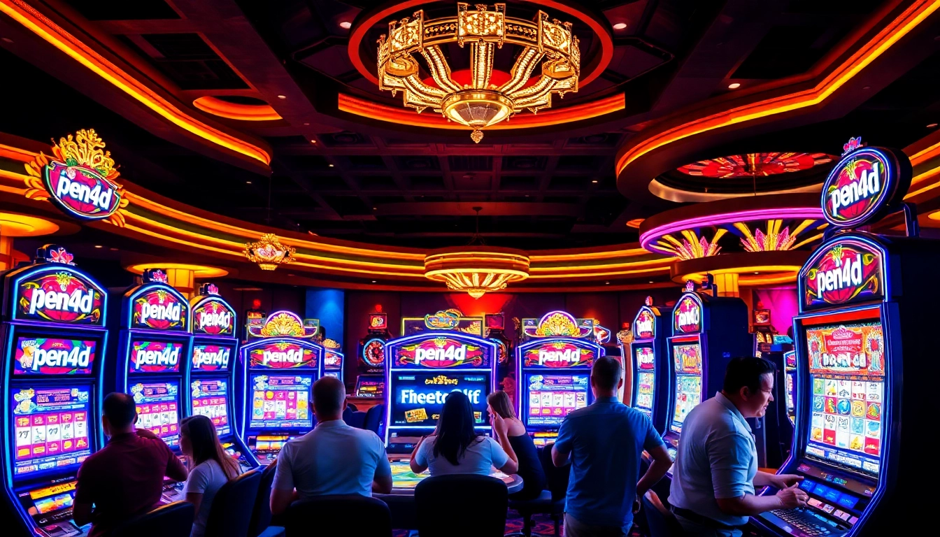 Experience thrilling wins at PEN4D's vibrant slot machines in a luxurious casino atmosphere.