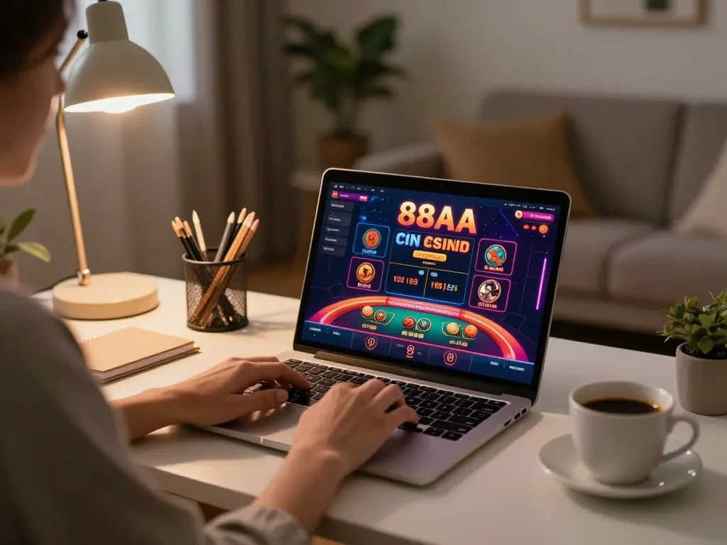 Engaging in gameplay on the 88AA casino app with a modern home setup, highlighting strategic online gaming.