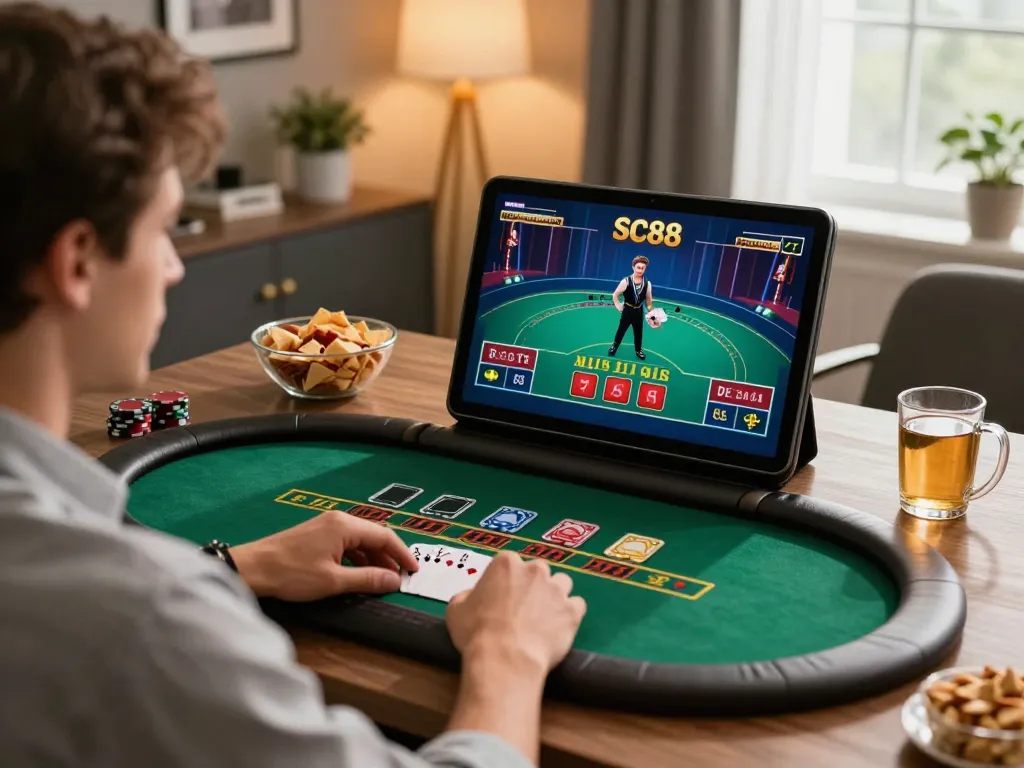 Player enjoying live dealer blackjack on SC88 tablet, cozy home office with warm lighting.