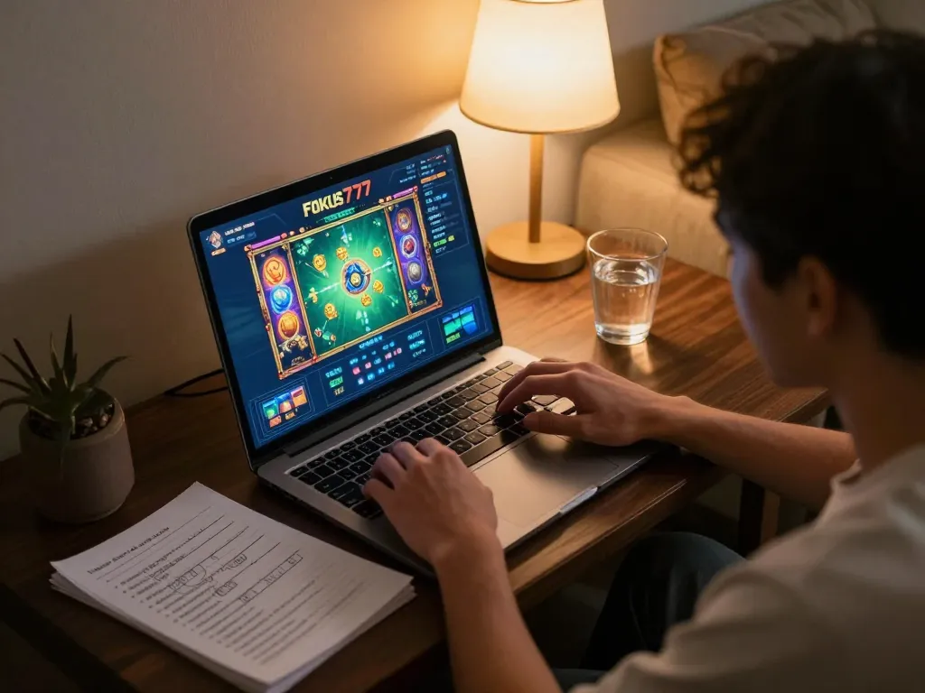 Player engaging with Fokus777 online slots on a laptop in a cozy home setting