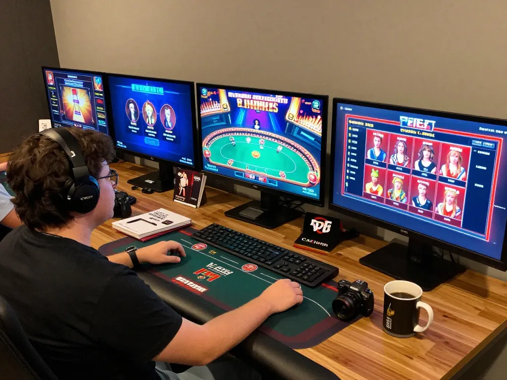 Engaging home gaming scene featuring mm88 online casino setup with multiple screens and ambient lighting