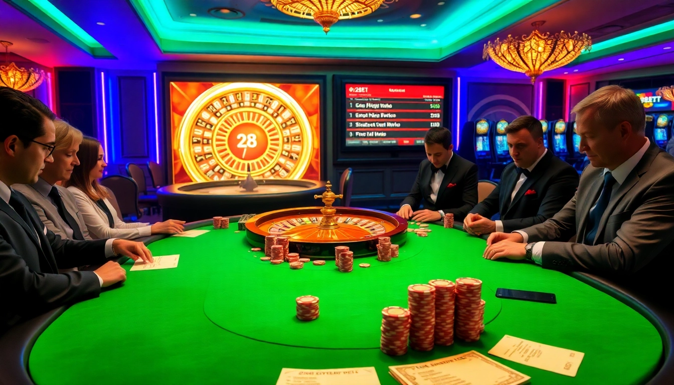 A sophisticated poker game at 28bet casino, showcasing players engaged in high-stakes excitement.