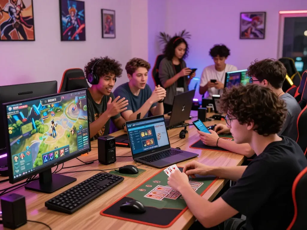 Players enjoying diverse games on the 32win platform in a vibrant gaming lounge.