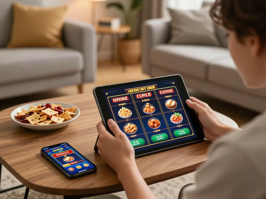 Suasana perjudian online 88Pulsa dengan pemain yang menikmati slot di tablet di ruang tamu yang nyaman.