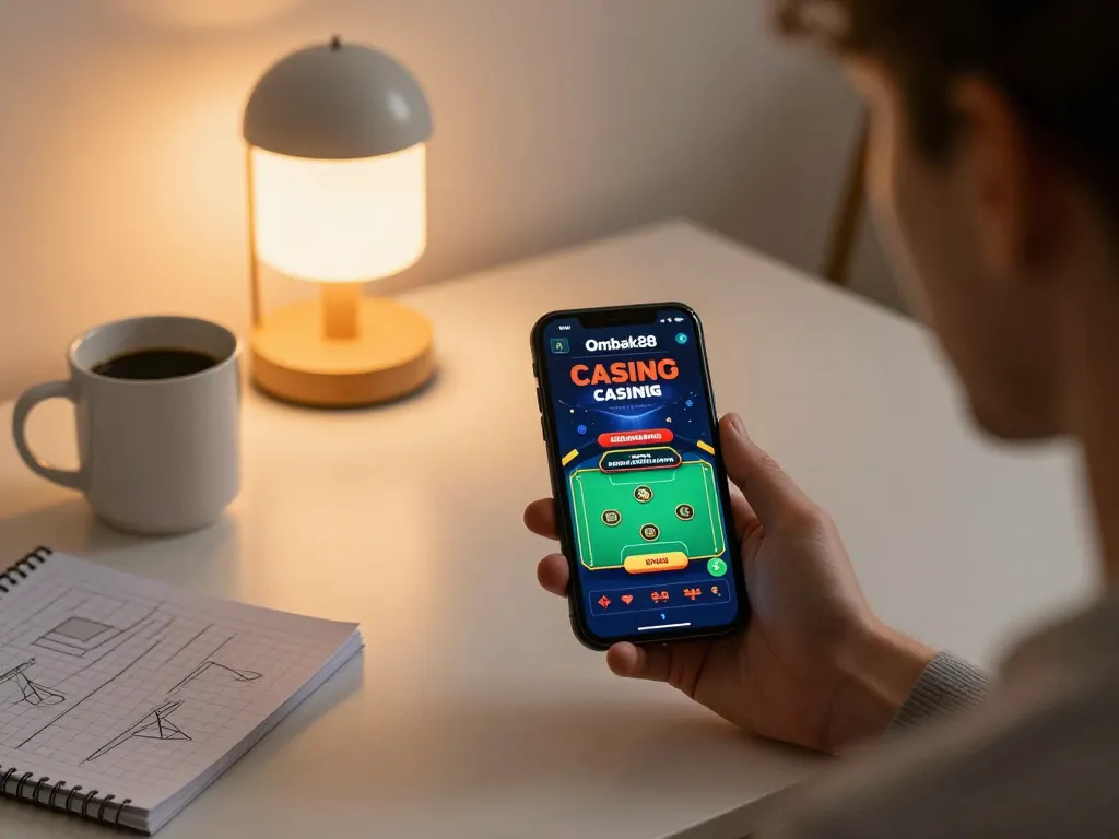 Pemain Ombak88 menikmati permainan dealer langsung di smartphone dalam suasana rumah yang nyaman.