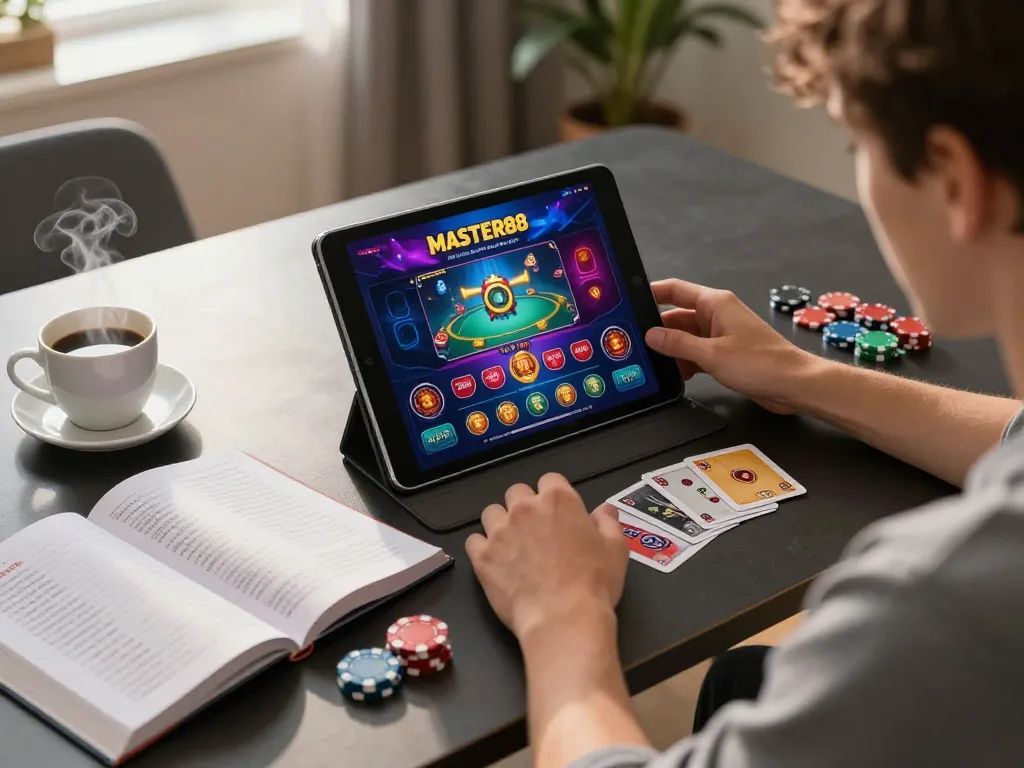 Orang menikmati permainan online MASTER88 di tablet dalam setelan rumah yang nyaman dengan chip dan catatan strategi.
