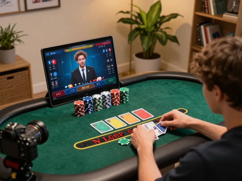 A player engaging in live dealer blackjack on 98wincom in a cozy home setting, focused on strategy.