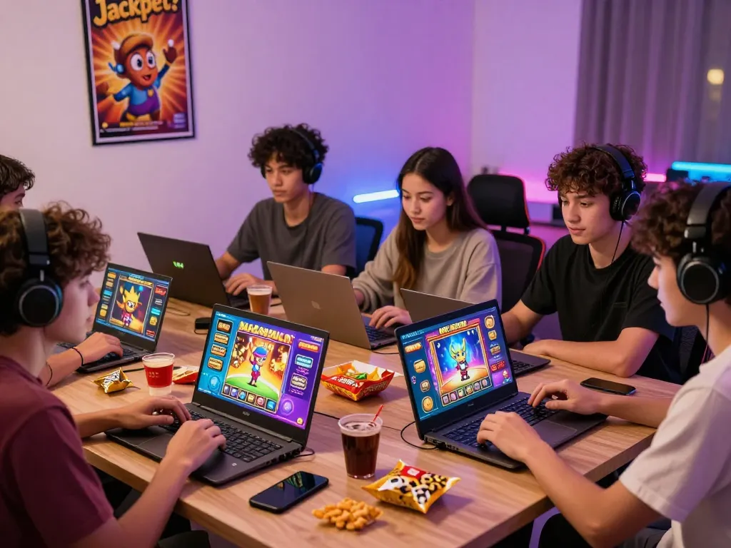 Friends enjoying exciting slot gacor games in a colorful online gaming atmosphere.
