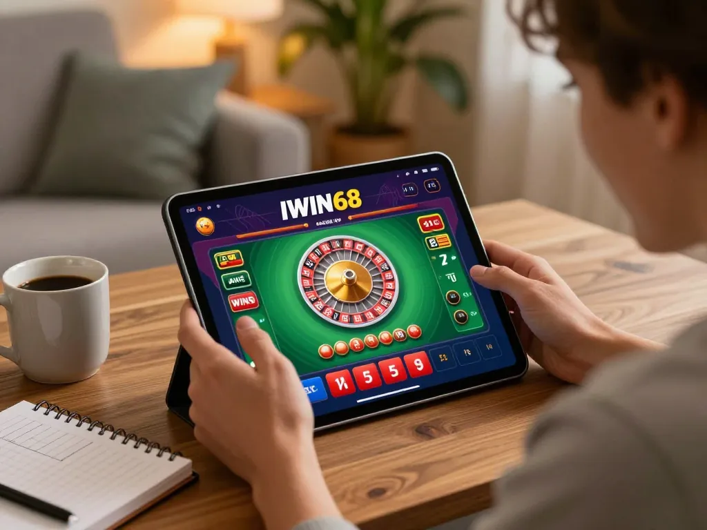 IWIN68 player enjoying exciting roulette gameplay on a tablet in cozy home setting