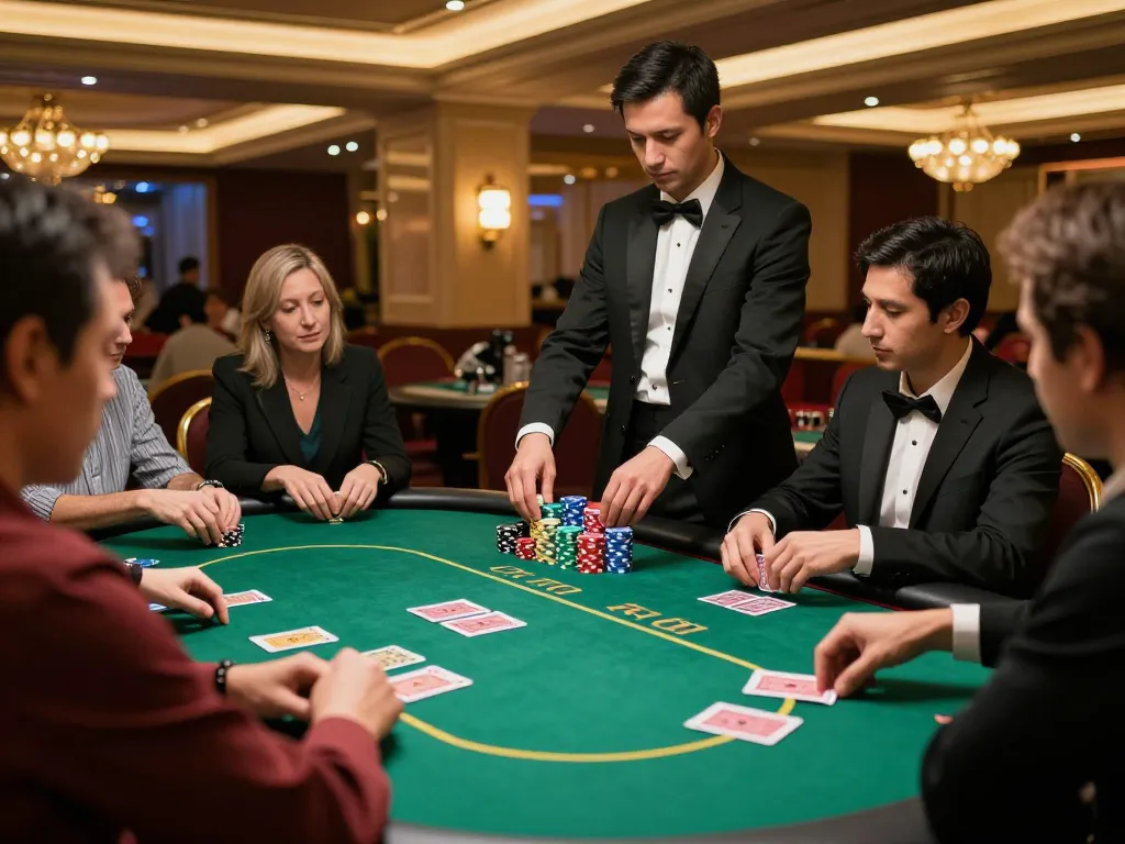 F168 poker game in upscale casino showcasing players in action with chips and cards.